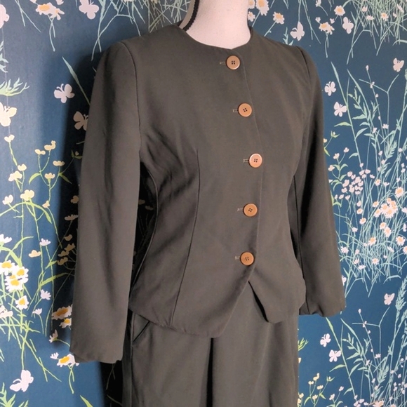 Vintage Armani Suit Jacket & Skirt Small Green Bergdorf Goodman Milano - Picture 2 of 13
